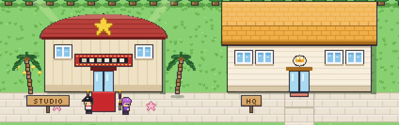 The Malpabolbox town: pixel-art buildings with crew members walking between them