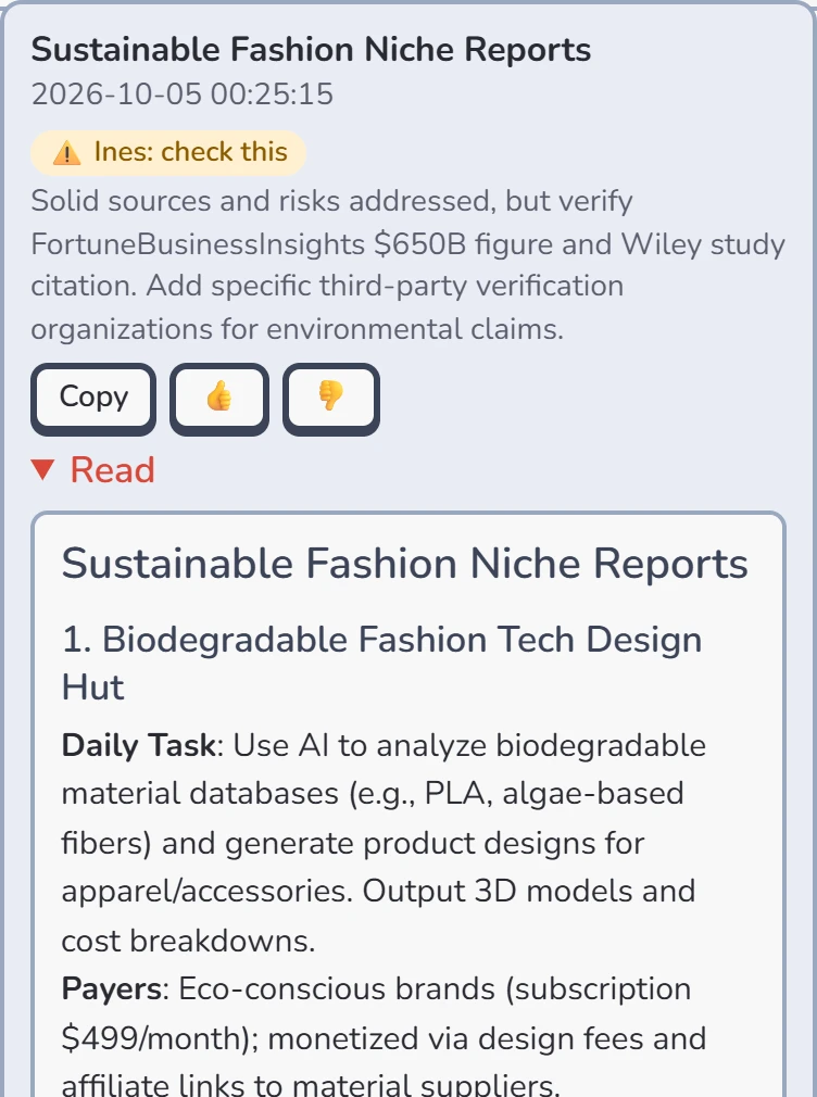 A niche report by Sage in the town, titled Sustainable Fashion Niche Reports, with Ines's verdict Check this and her note asking to verify a market-size figure and a study citation, above the start of the report